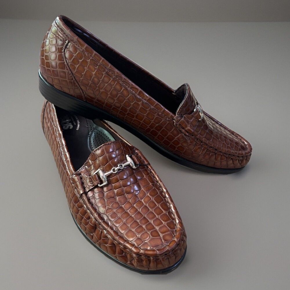 SAS Metro Loafer Wom Sz 10W Cognac Brown Leather Croc Print Silver Horsebit
